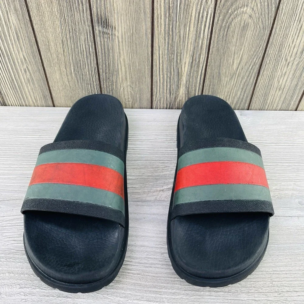 Gucci Web Men's Rubber Slide Sandal Black Rubber, Size 10 US Iconic Stripe Logo